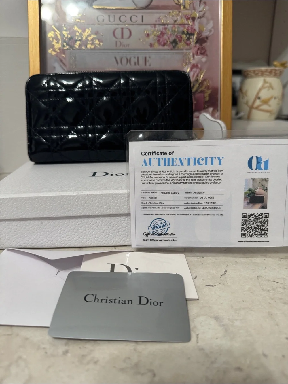 Dior Black Patent Quilted Zip-Around Wallet with Charm Full inclusion COA